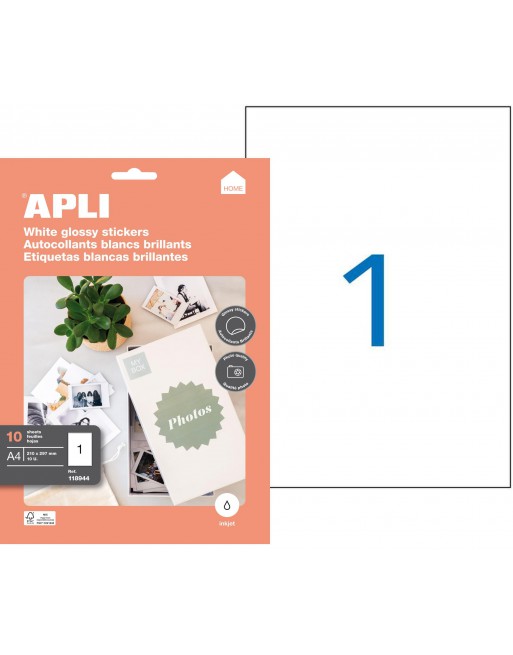 APLI ETIQUETA HOME BLANCA GLOSSY 210X297MM 10 HOJAS ALTA CALIDAD DE IMPRESION - 118944