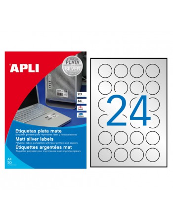 APLI BLISTER 20 HOJAS ETIQUETA POLIESTER PLATA REDONDA DIAMETRO 40 MM - 12975