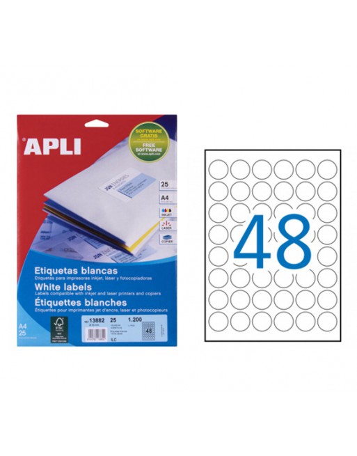 APLI PACK 25+10H A4 ETIQUETA BLANCAS REDONDAS DIAMETRO 30MM - 13882