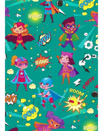 IMC PAPEL DE REGALO EN BOBINA DE 100 MTS INFANTIL EN CELULOSA SATINADA DISE?O FANTASIA SUPER HEROE VERDE 84-302100-1