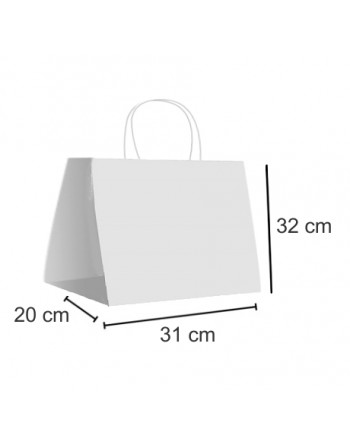 A IBP BOLSA PAPEL KRAFT BLANCO CON ASA RIZADA DE 100 GR. HORIZONTAL BASE ANCHA TAKE AWAY MEDIDA 31X32+20 CAJA 250 UNID ID-19/40/