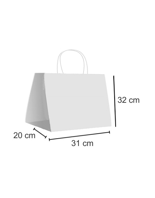 IBP BOLSA PAPEL KRAFT BLANCO CON ASA RIZADA DE 100 GR. HORIZONTAL BASE ANCHA TAKE AWAY MEDIDA 31X32+20 CAJA 250 UNID ID-19/40/21