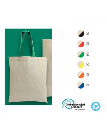 MINI BOLSA SHOPPER DE ALGOD?N NATURAL RECICLADO DE 140 G/M2 CON ASAS CORTAS DE COLORES. 25105