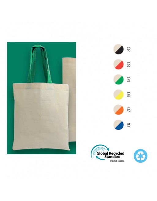 MINI BOLSA SHOPPER DE ALGOD?N NATURAL RECICLADO DE 140 G/M2 CON ASAS CORTAS DE COLORES. 25105