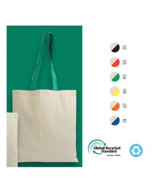 BOLSA SHOPPER DE ALGOD?N NATURAL RECICLADO DE 140 G/M2 CON ASAS LARGAS DE COLORES. 25106