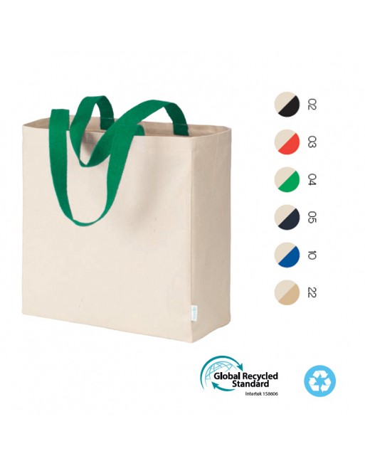 MAXI BOLSA SHOPPER DE ALGOD?N RECICLADO DE 280 G/M2 NATURAL CON ASAS LARGAS DE COLORES Y FUELLE. 25107