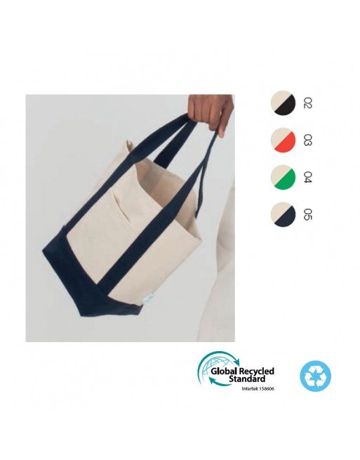 MINI BOLSA SHOPPER DE ALGOD?N RECICLADO NATURAL DE 340 G/M2 CON ASAS CORTAS Y BASE DE COLOR. 25117