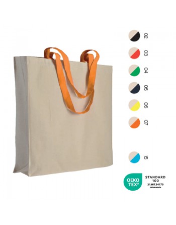 BOLSA DE ALGODON NATURAL (220 G/M2), ASAS LARGAS DE COLORES Y FUELLE 17107