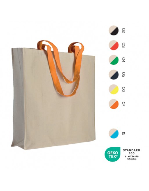 BOLSA DE ALGODON NATURAL (220 G/M2), ASAS LARGAS DE COLORES Y FUELLE 17107