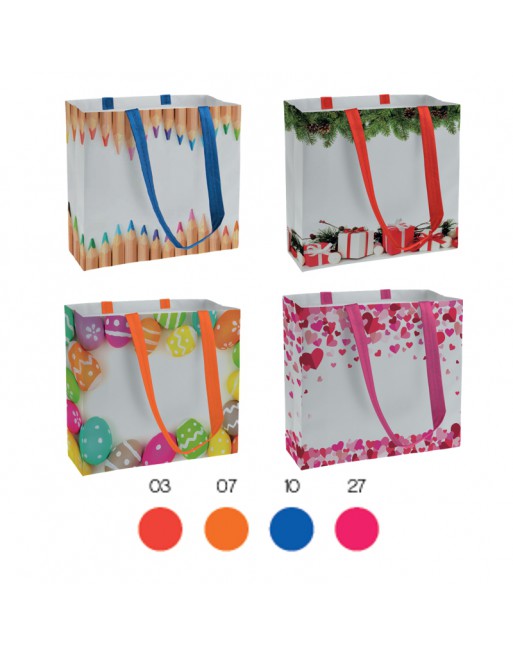 BOLSA SHOPPER DE TEJIDO SIN TEJER LAMINADO, ASAS LARGAS Y FUELLE CON ESTAMPADO 19135