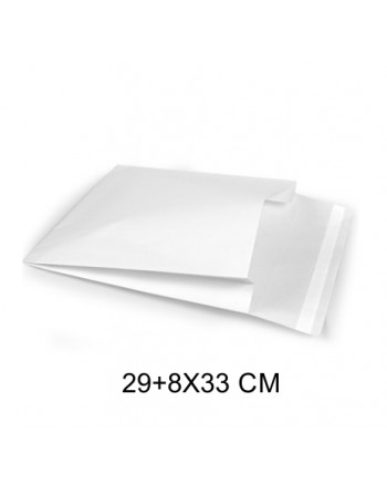 A IBP SOBRES PAPEL E-COMMERCE BLANCO CON SOLAPA 1 TIRA ADHESIVA Y FUELLE MEDIDA 29+8X33CM 250 UNID ID-19/50/030