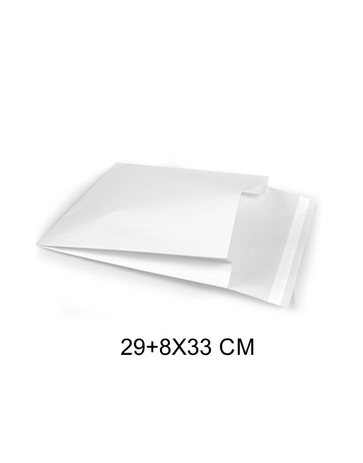 A IBP SOBRES PAPEL E-COMMERCE BLANCO CON SOLAPA 1 TIRA ADHESIVA Y FUELLE MEDIDA 29+8X33CM 250 UNID ID-19/50/030