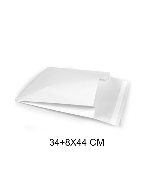 IBP SOBRES PAPEL E-COMMERCE BLANCO CON SOLAPA 1 TIRA ADHESIVA Y FUELLE MEDIDA 34+8X44CM 200 UNID ID-19/50/040